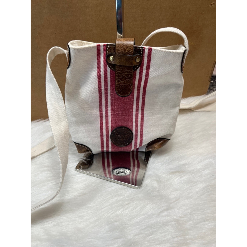 Le Papillion White Burgundy Canvas and Leather Crossbody Purse Small
